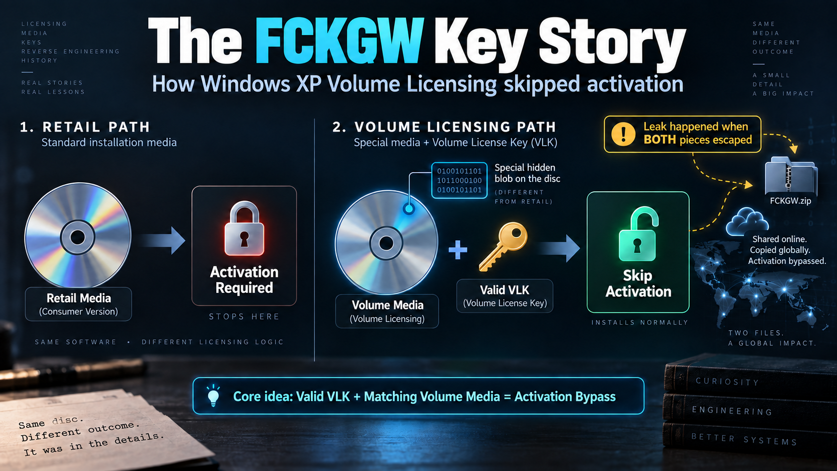 Diagram comparing the Windows XP retail and Volume Licensing activation paths