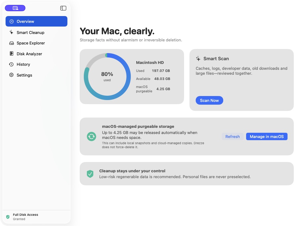 Drezze Overview showing disk usage, available storage, Smart Scan, and cleanup safety information